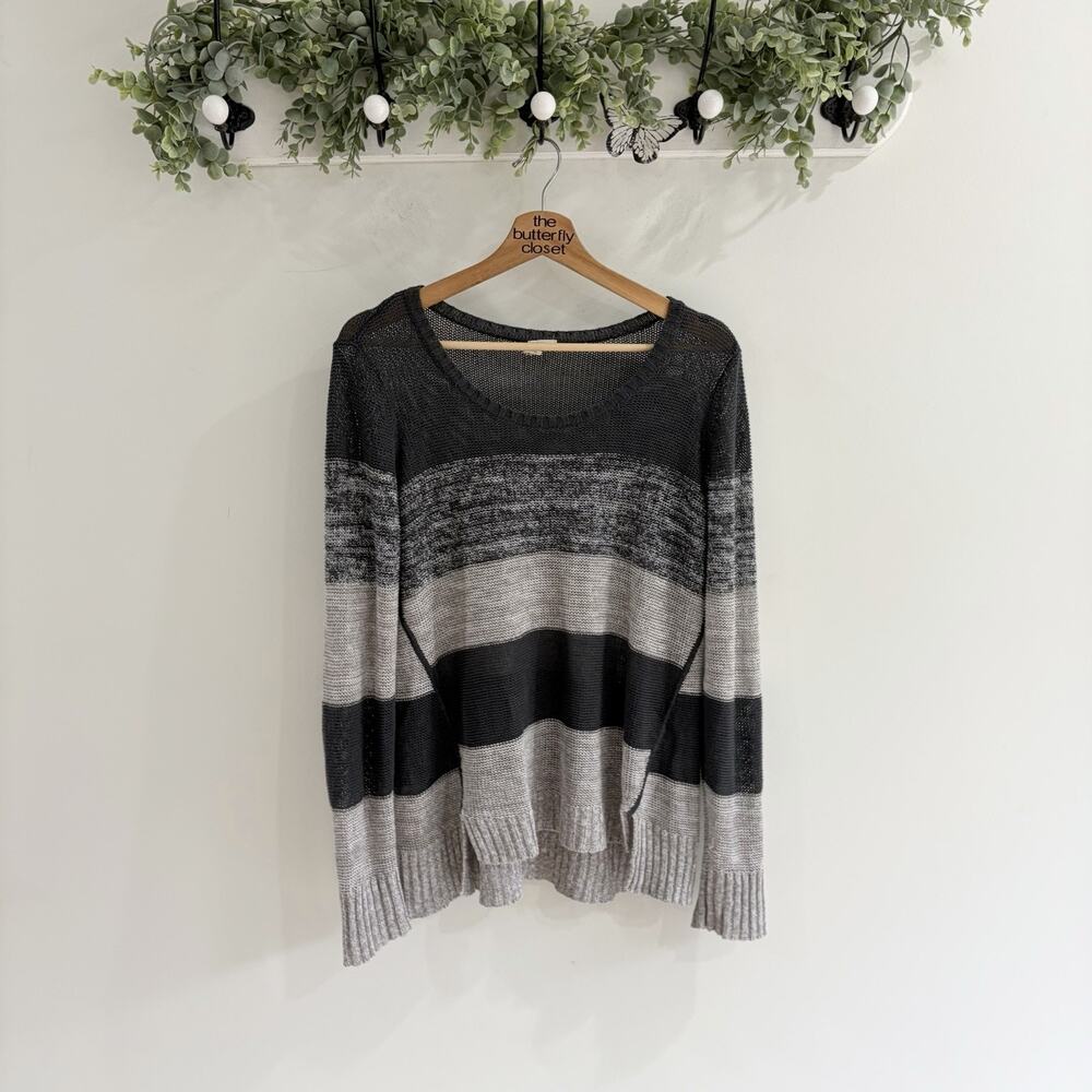 Eileen Fisher Organic Linen Striped Sweater With Open Knit Horizontal Stripes S